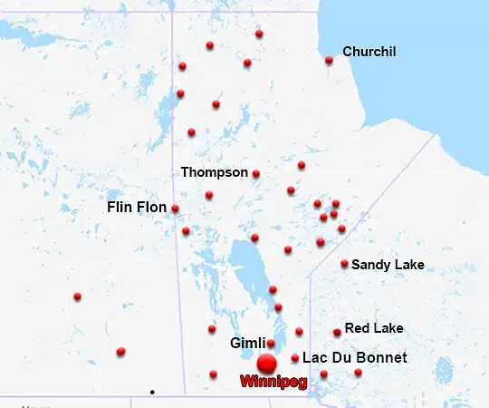 Map showing the location of Winnipeg in Manitoba